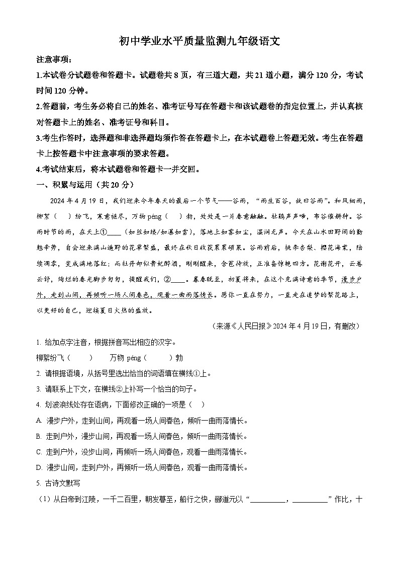 2024年湖南省郴州市中考二模语文试题（原卷版+解析版）01