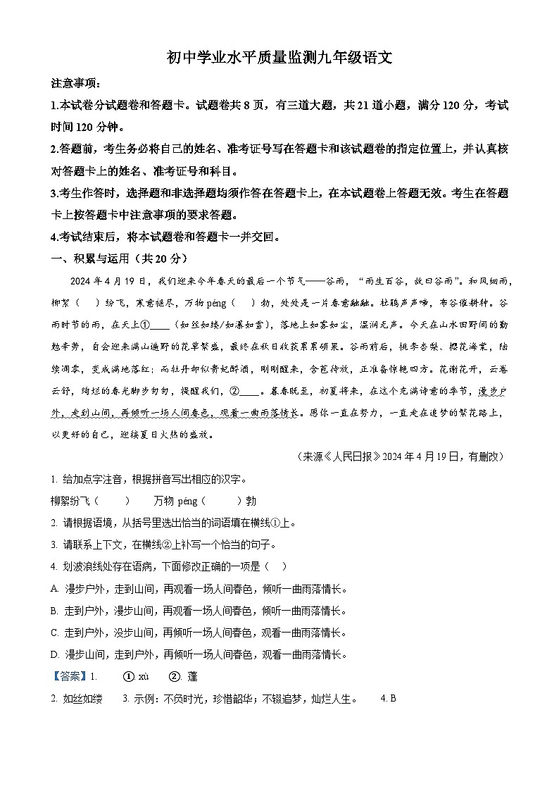 2024年湖南省郴州市中考二模语文试题（原卷版+解析版）01