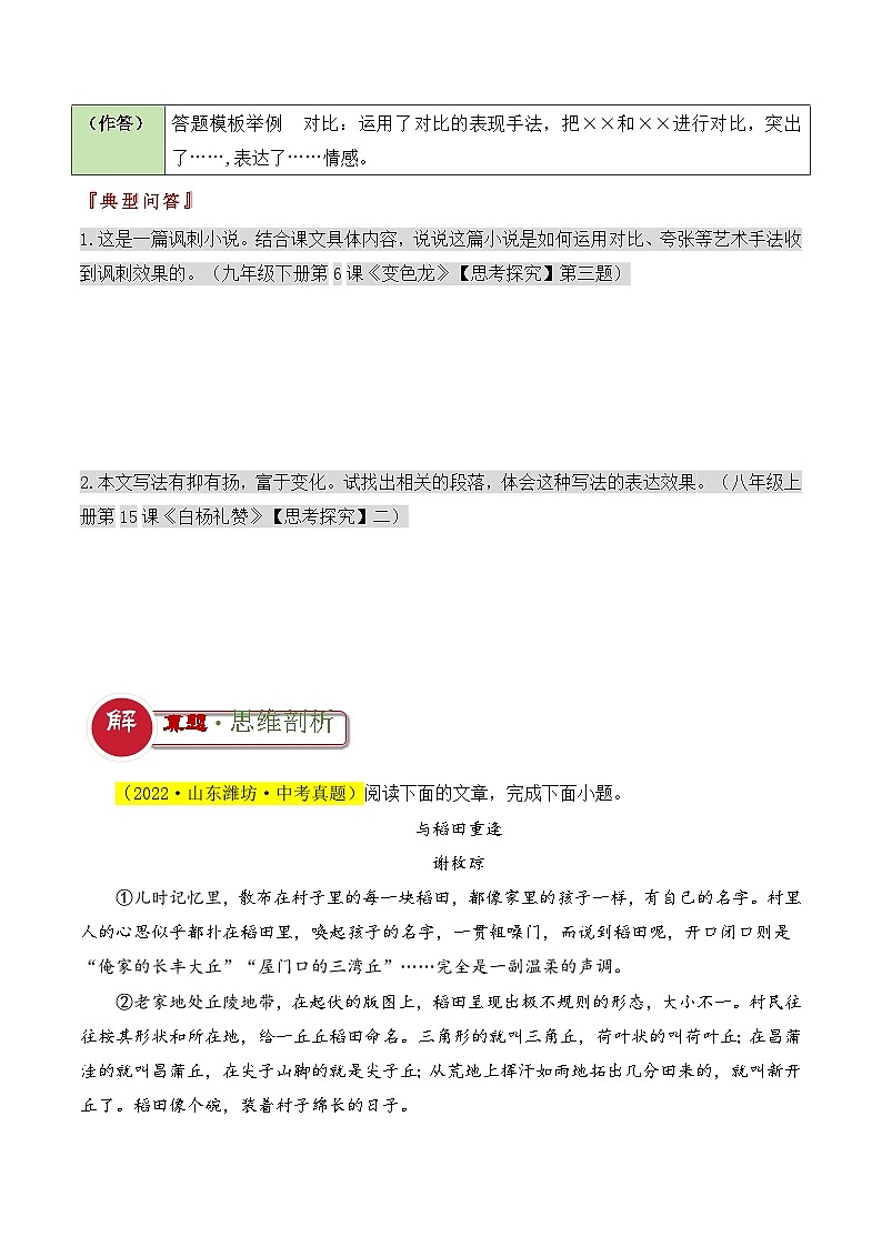 题型09  表现手法类题型（答题模板）-2024年中考语文答题技巧分类训练（原卷版）第2页