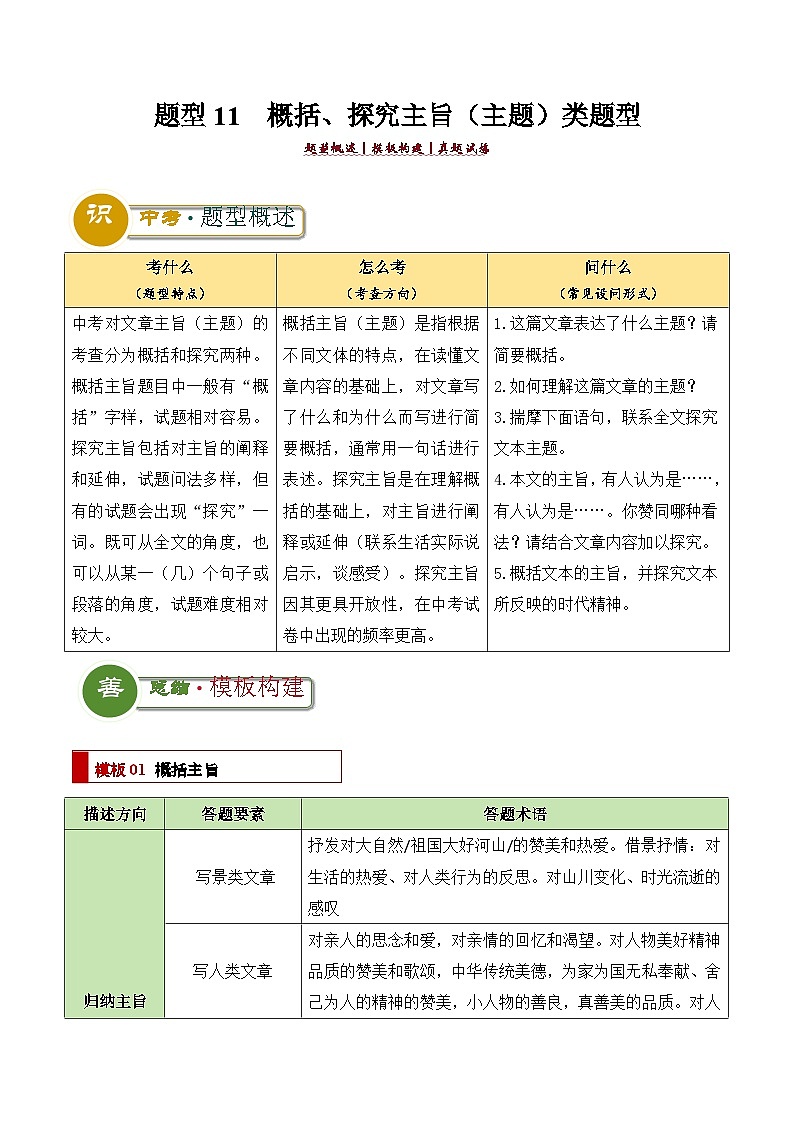 题型11  概括、探究主旨（主题）类题型（答题模板）-2024年中考语文答题技巧分类训练（原卷版）第1页