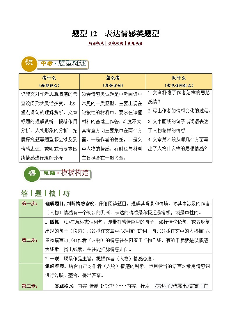 题型12  表达情感类题型（答题模板）-2024年中考语文答题技巧分类训练（原卷版）第1页
