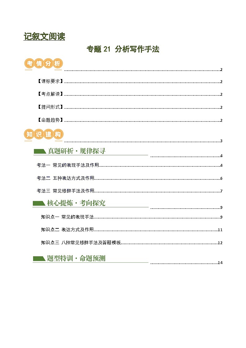 专题21 分析写作手法（讲练）-2024年中考语文二轮复习讲义（全国通用）01