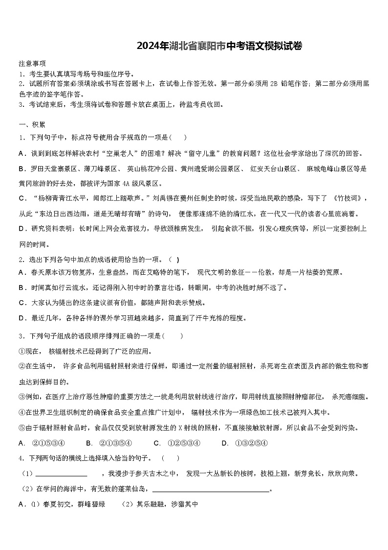 2024年湖北省襄阳市中考语文模拟试卷（解析版）01