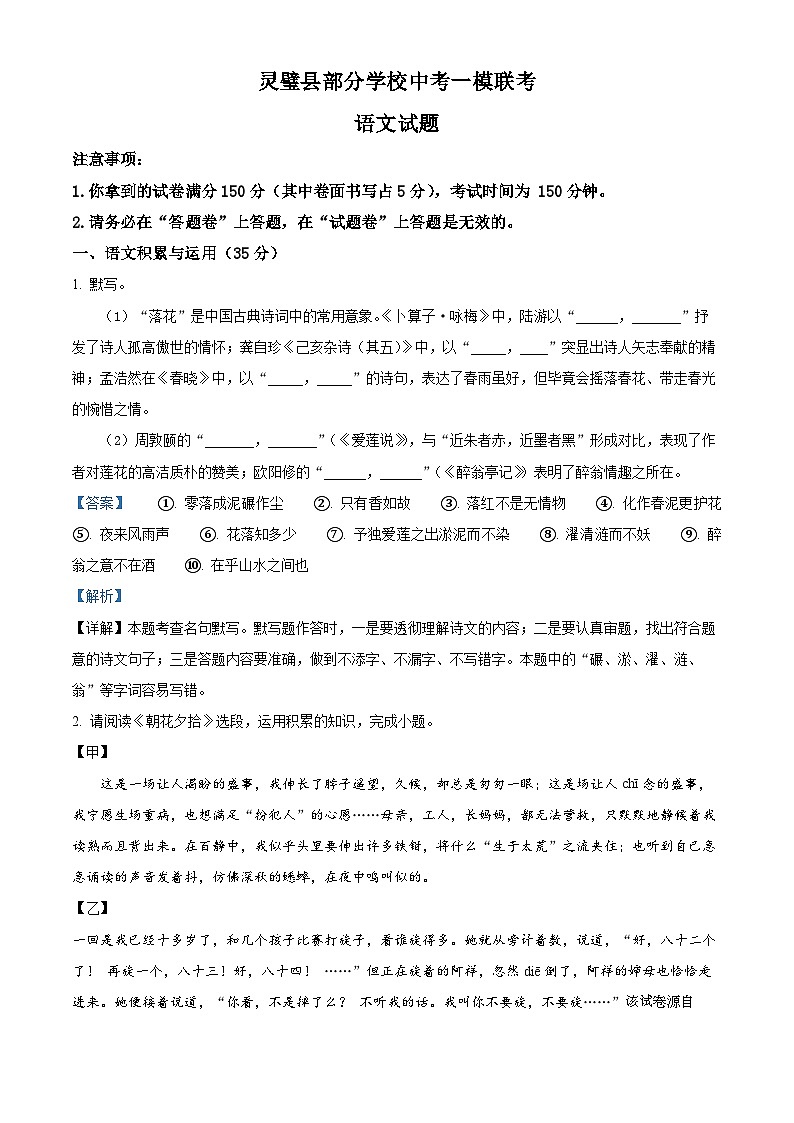 67，2024年安徽省灵璧县部分学校联考中考一模语文试题01
