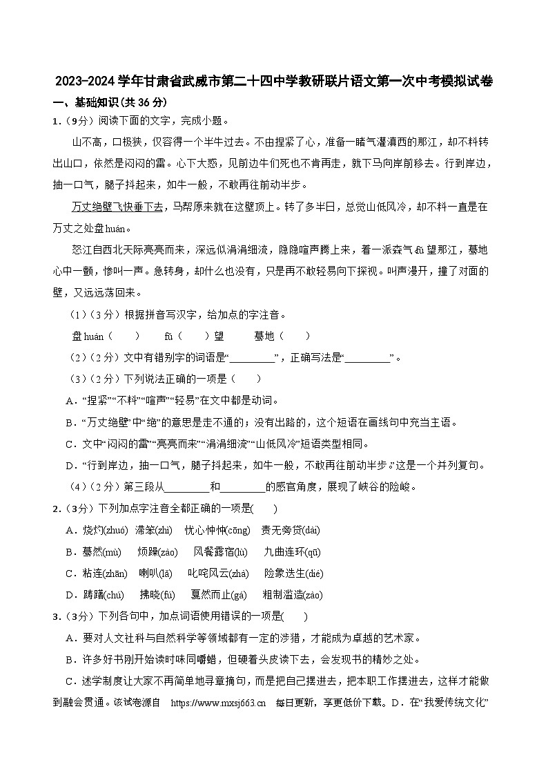 03，2024年甘肃省武威市凉州区武威第二十四中学教研联片中考一模语文试题01