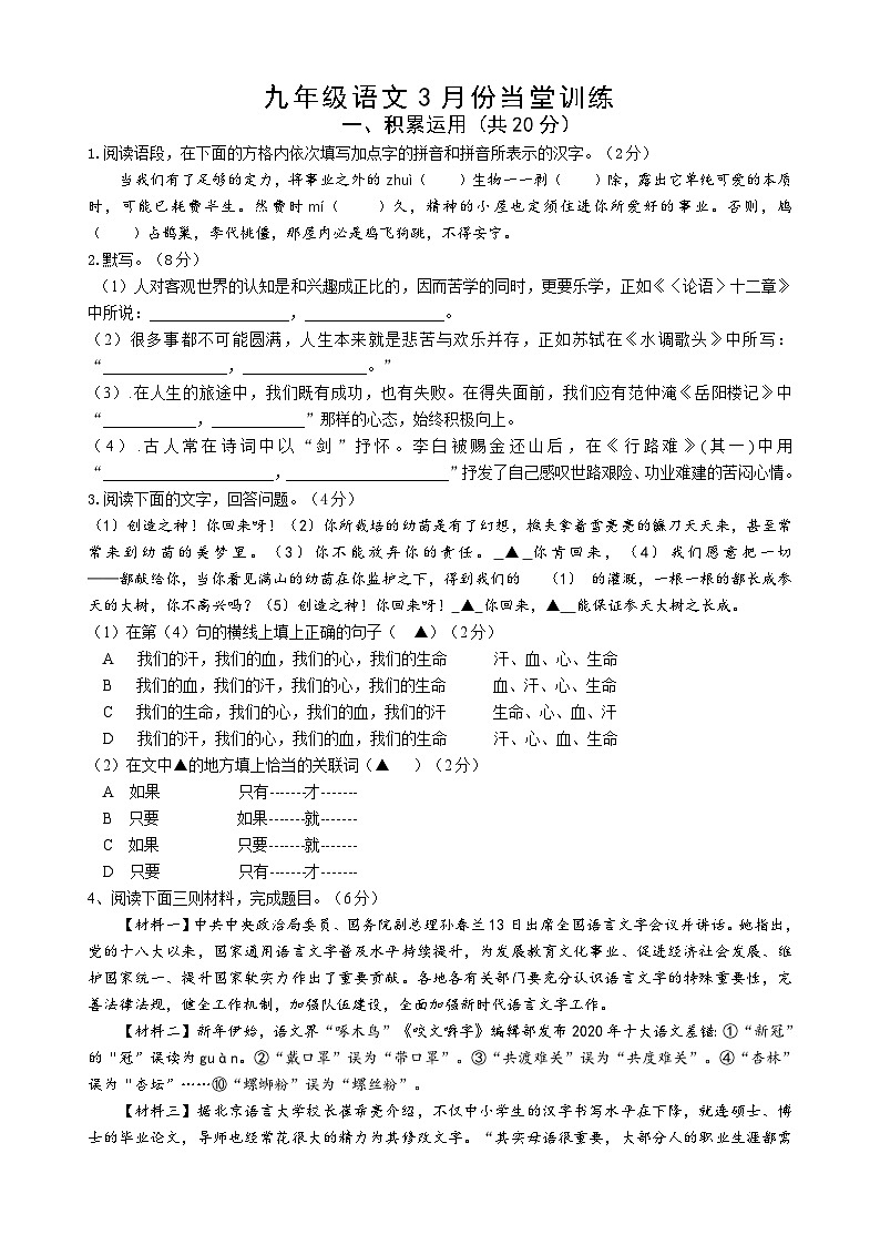 07，江苏省镇江市丹徒区五校2023-2024学年九年级下学期3月月考语文试卷01