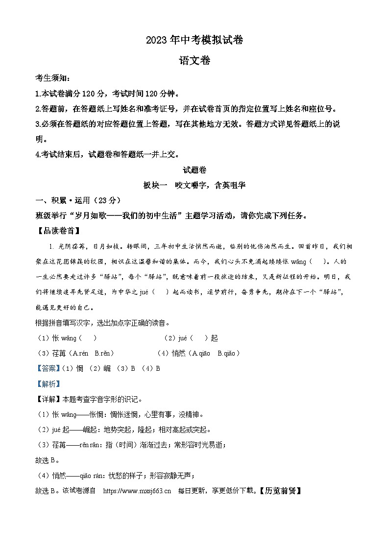 13，2023年浙江省温州市瑞安市中考模拟语文试题第1页