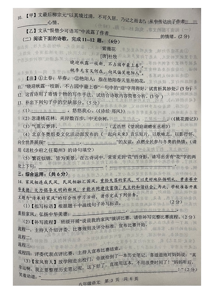 23，山东省济宁市金乡县2023-2024学年八年级下学期3月月考语文试题第3页