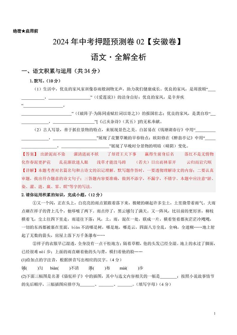 2024年中考押题预测卷02（安徽卷）语文（解析版）01