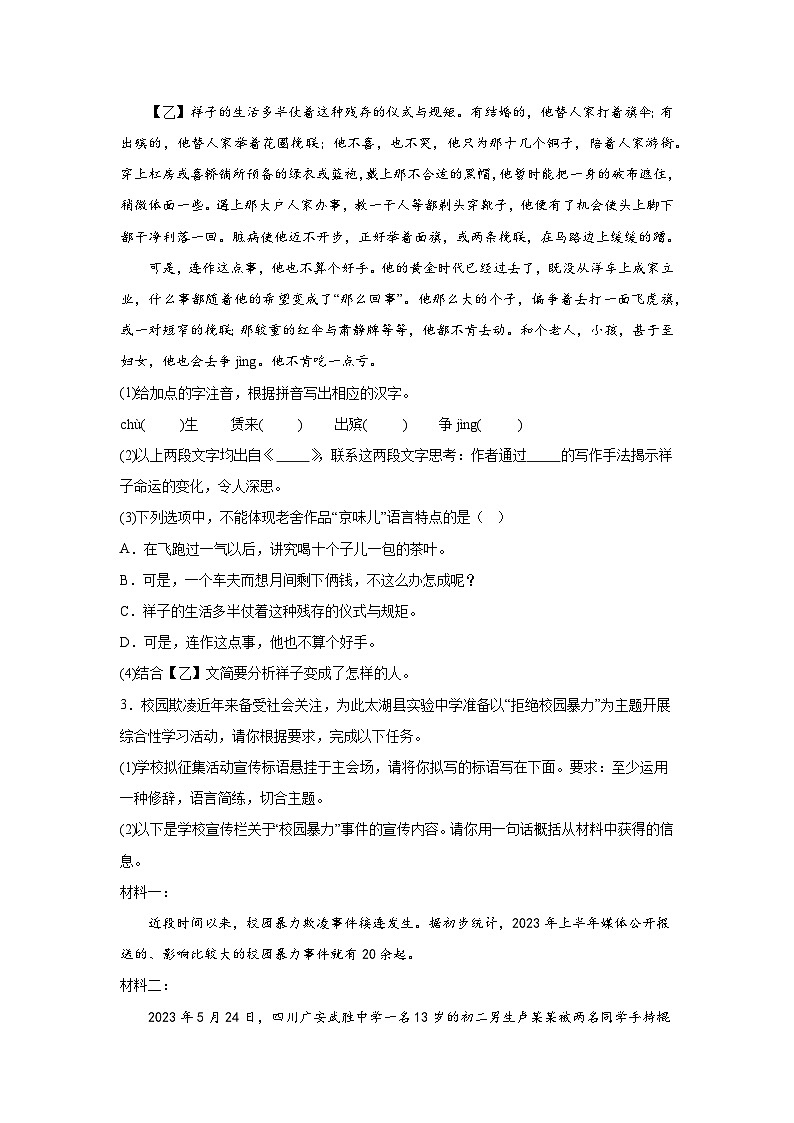安徽省安庆市太湖县实验中学教育集团2023-2024学年七年级下学期期中 语文试题（含解析）02