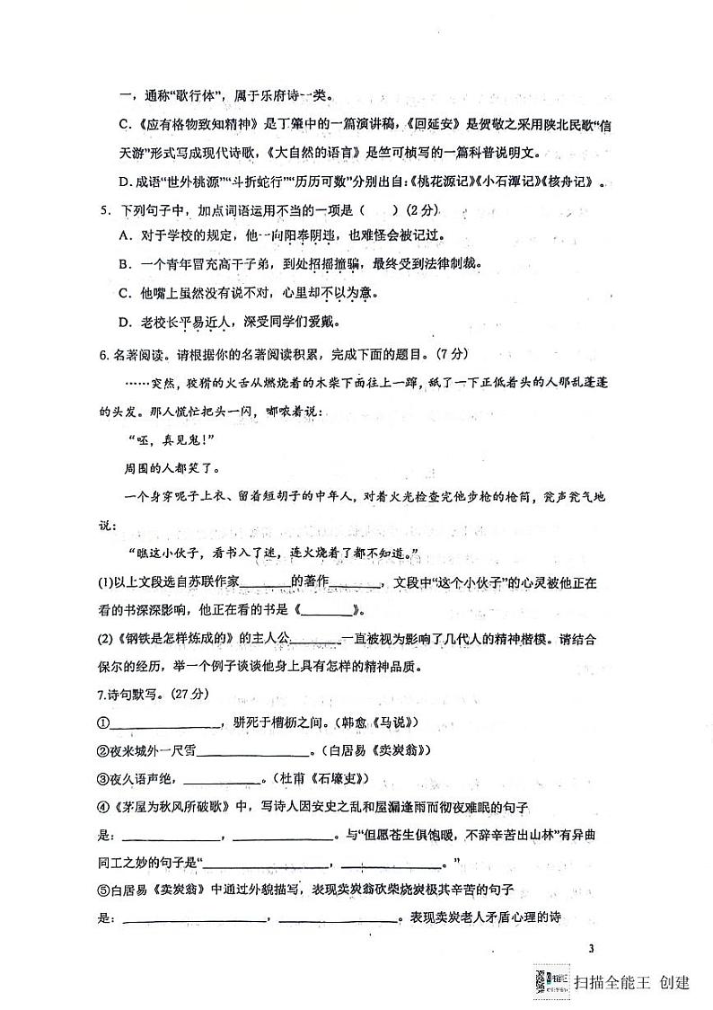 山东省聊城市高唐县第一实验中学2023-2024学年八年级下学期第二次学业水平考试语文试卷第3页