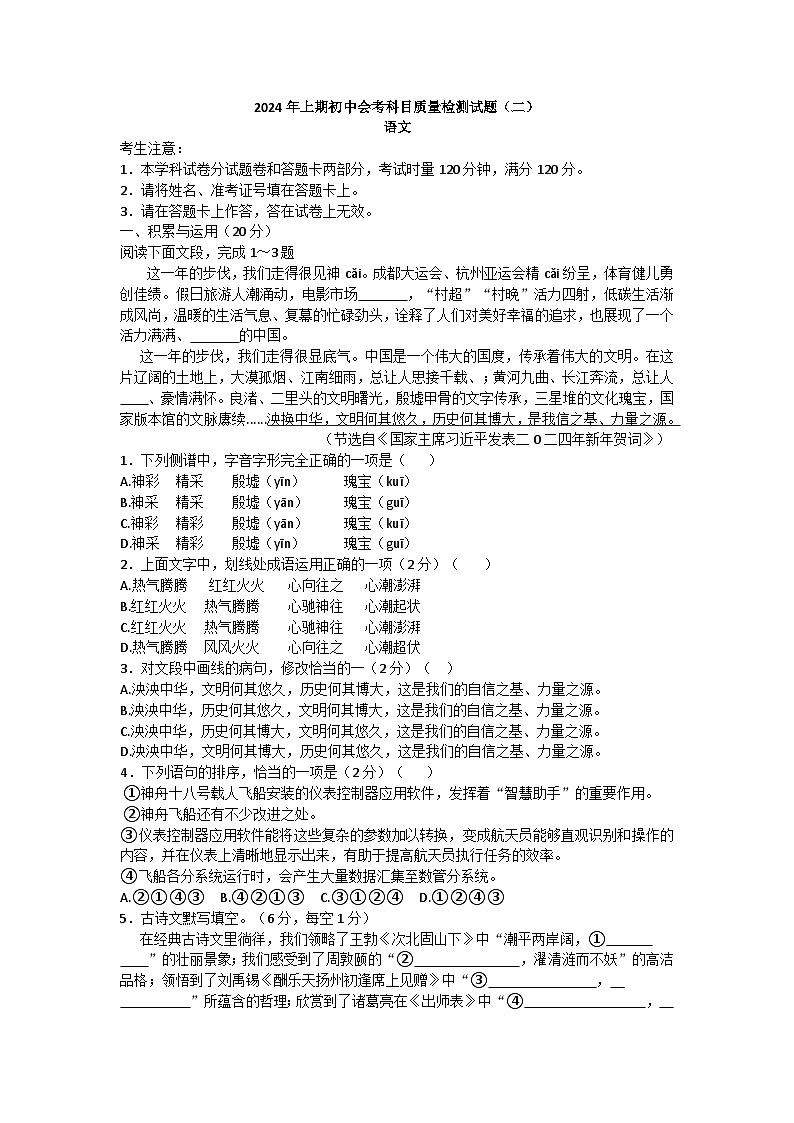 2024年湖南省娄底市涟源市中考二模语文试题01