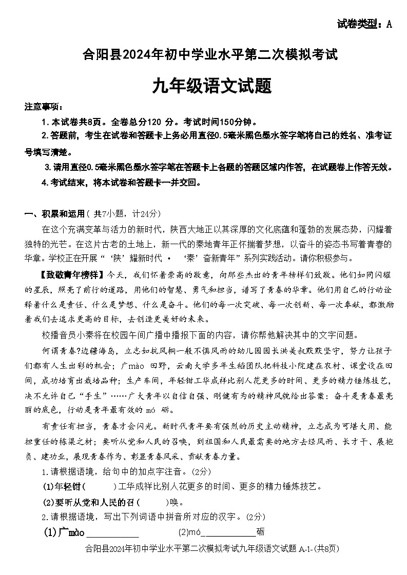 2024年陕西省合阳县中考二模考试语文试题01