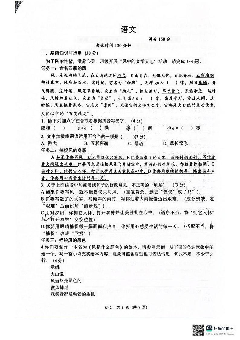 2024年重庆市鲁能巴蜀中学校中考二模语文试卷01
