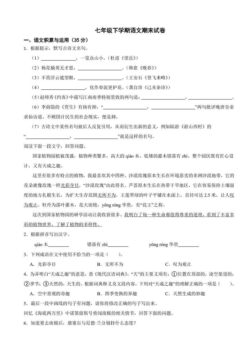 安徽省六安市2024年七年级下学期语文期末试卷及答案01