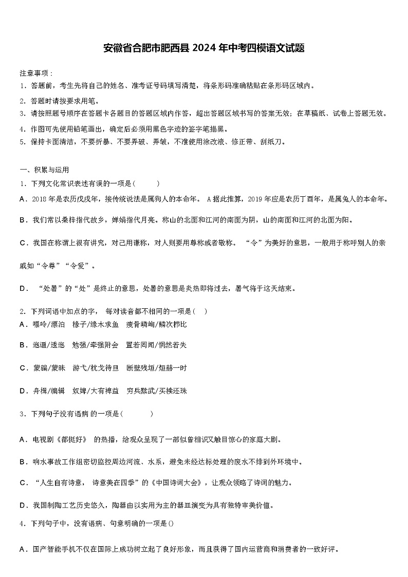 安徽省合肥市肥西县 2024 年中考四模语文试题（解析版）01