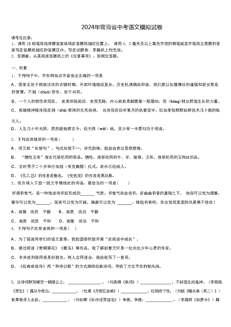 2024年青海省中考语文模拟试卷（解析版）01