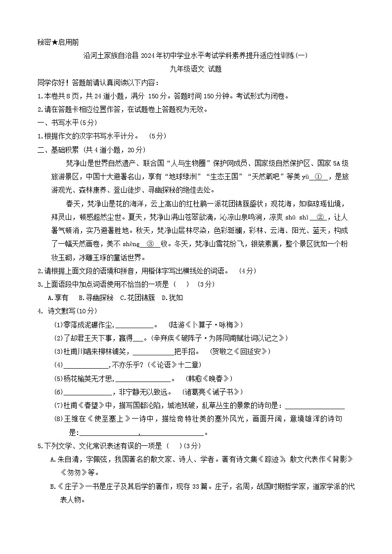 2024年贵州省铜仁市沿河土家族自治县中考一模语文试题01