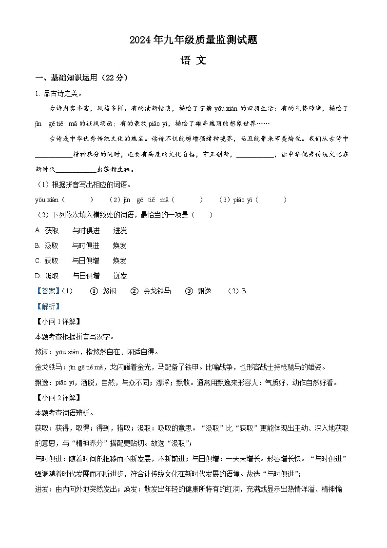 2024年河南省驻马店市驿城区中考三模语文试题（解析版）第1页