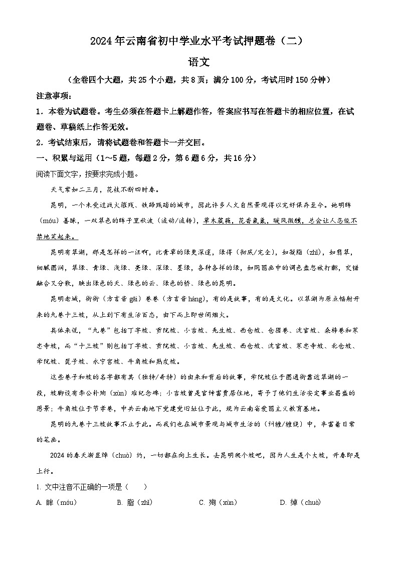 2024年云南省楚雄彝族自治州楚雄市中考三模语文试题（原卷版+解析版）01