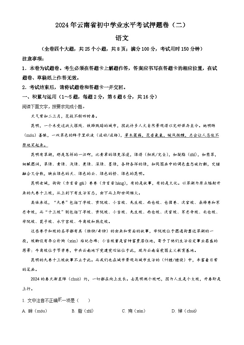 2024年云南省楚雄彝族自治州楚雄市中考三模语文试题（原卷版+解析版）01