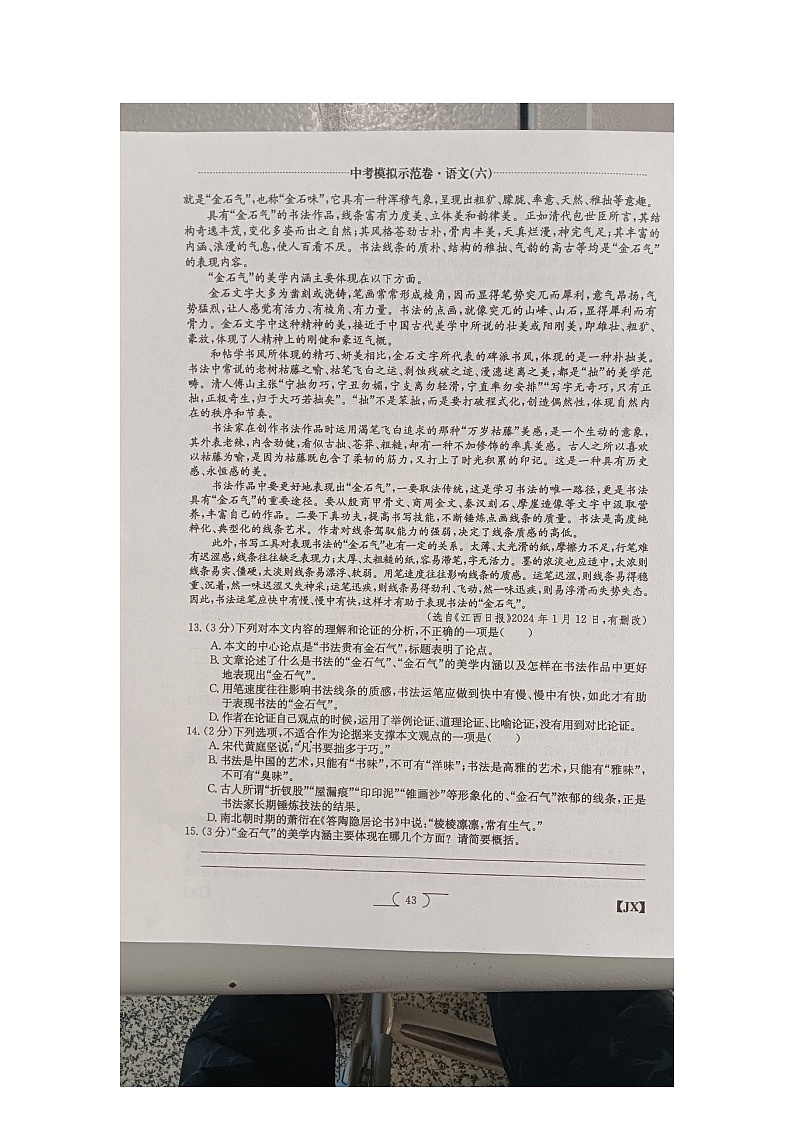 2024年江西省九江市柴桑区五校联考中考二模语文试题第3页