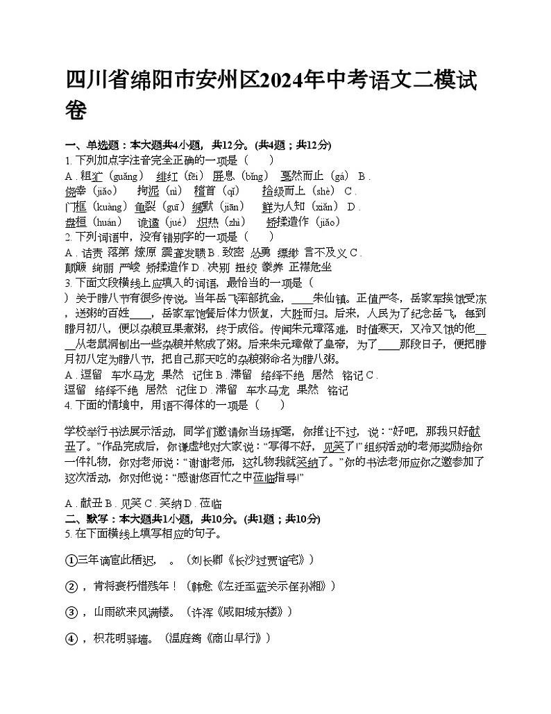 四川省绵阳市安州区2024年中考语文二模试卷01