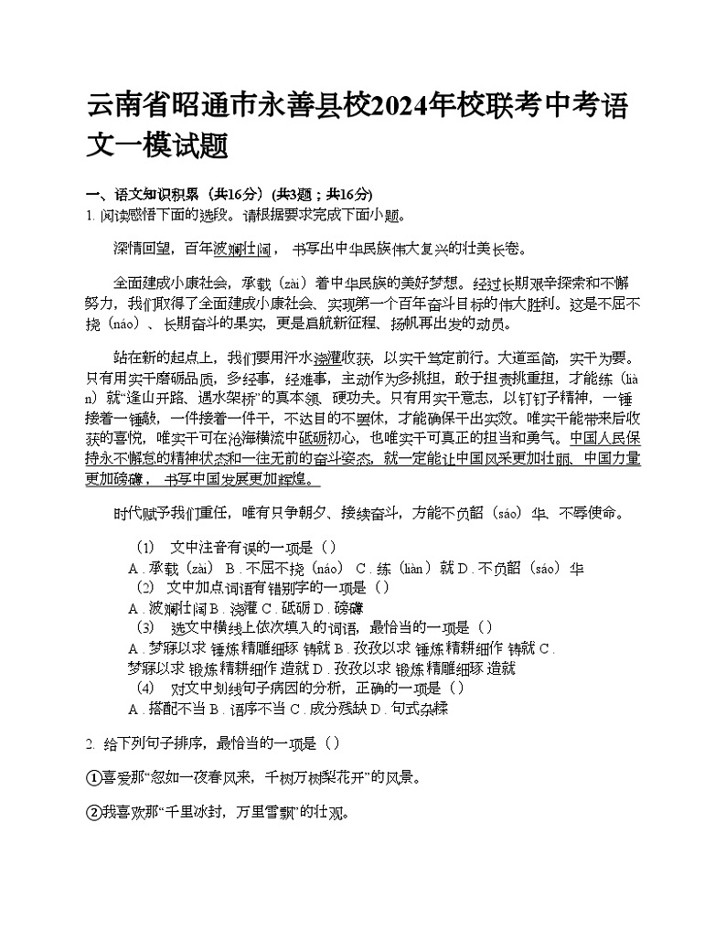 云南省昭通市永善县校2024年校联考中考语文一模试题01
