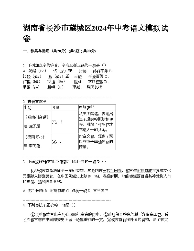 湖南省长沙市望城区2024年中考语文模拟试卷01