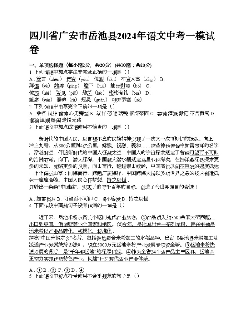 四川省广安市岳池县2024年语文中考一模试卷01