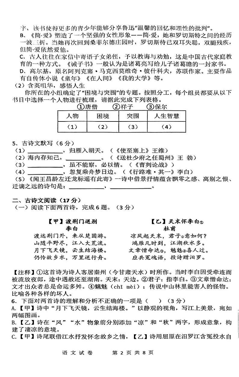 2024年辽宁省大连市部分学校联考中考适应性测试（一）语文试题第2页