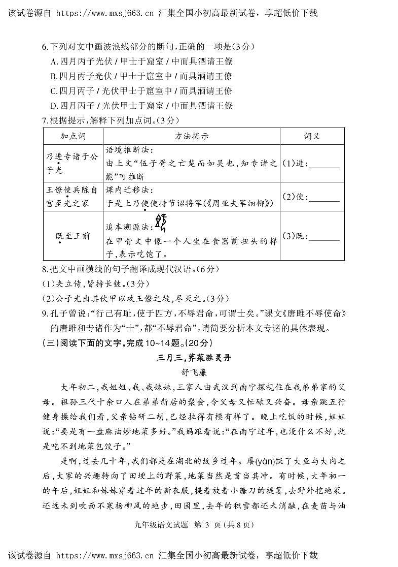 07，福建省三明市大田县2023-2024学年九年级下学期期中考试语文试题第3页