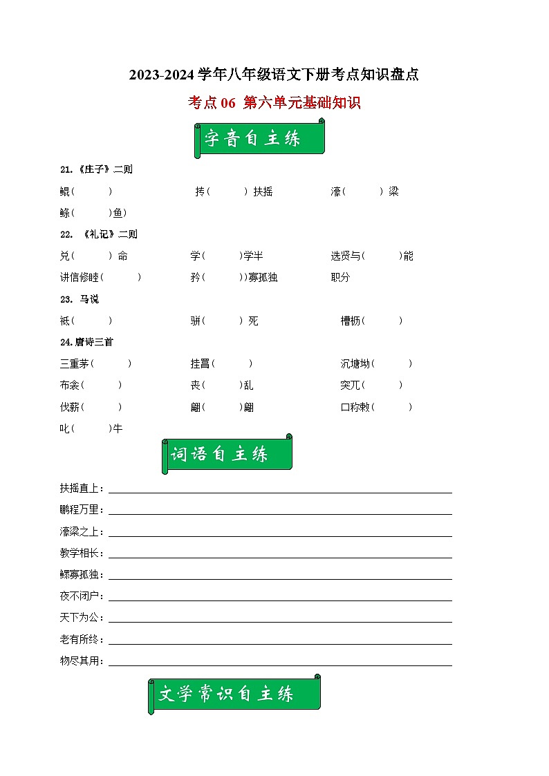 考点06 第六单元基础知识-2023-2024学年八年级语文下册考点知识盘点练习01