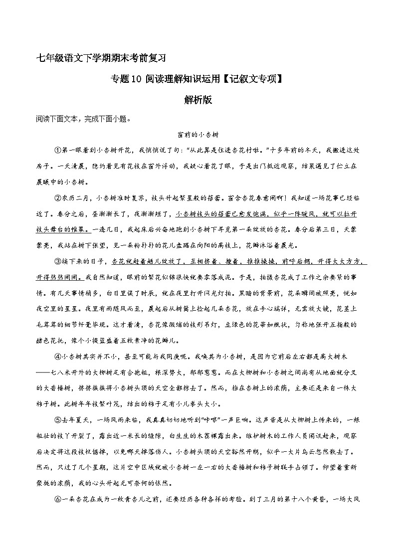 专题10 阅读理解之记叙文（解释版）2023-2024学年七下语文期末考前复习专项训练（全国用）第1页