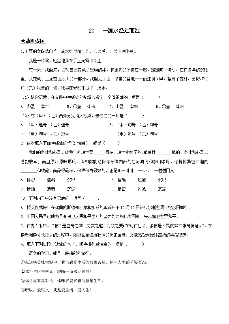 部编版八年级下册语文同步课时分层训练第20课《一滴水经过丽江》原卷版+解析第1页