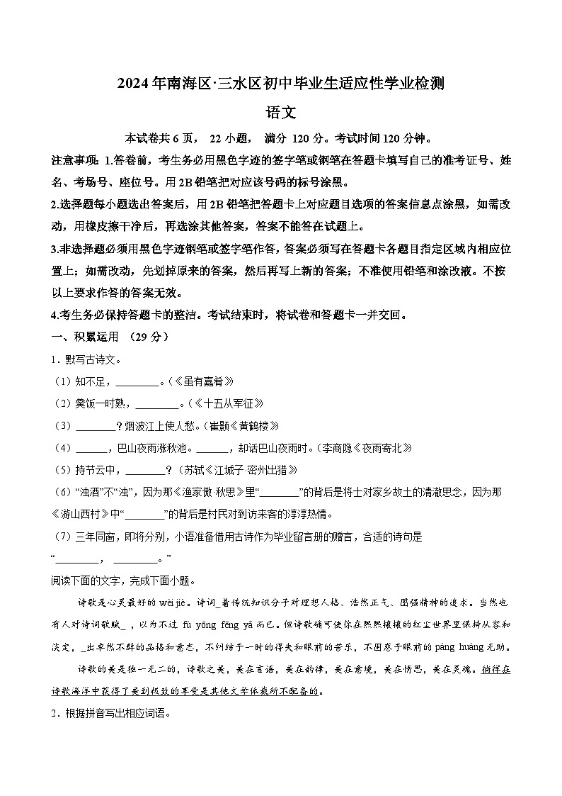 2024年广东省佛山市南海区三水区中考二模语文试题（含解析）01