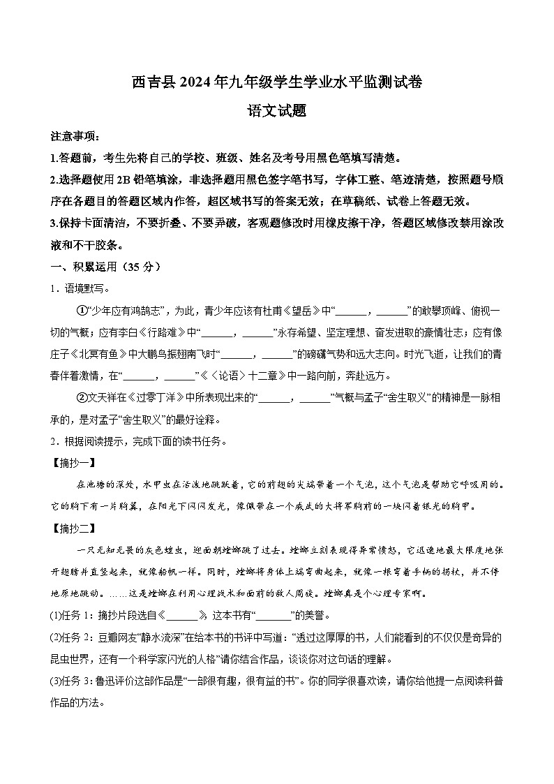 2024年宁夏回族自治区固原市西吉县中考一模语文试题（含解析）第1页