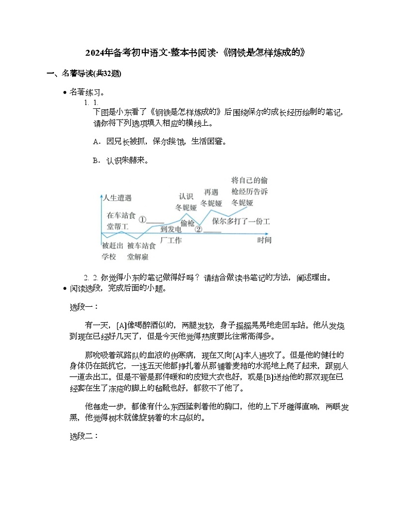 2024年初中语文中考备考三轮冲刺整书阅读试题汇编：《钢铁是怎样炼成的》第1页