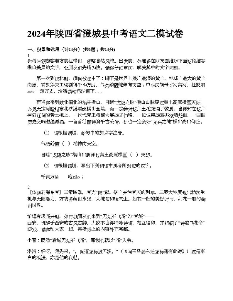 2024年陕西省澄城县中考语文二模试卷01