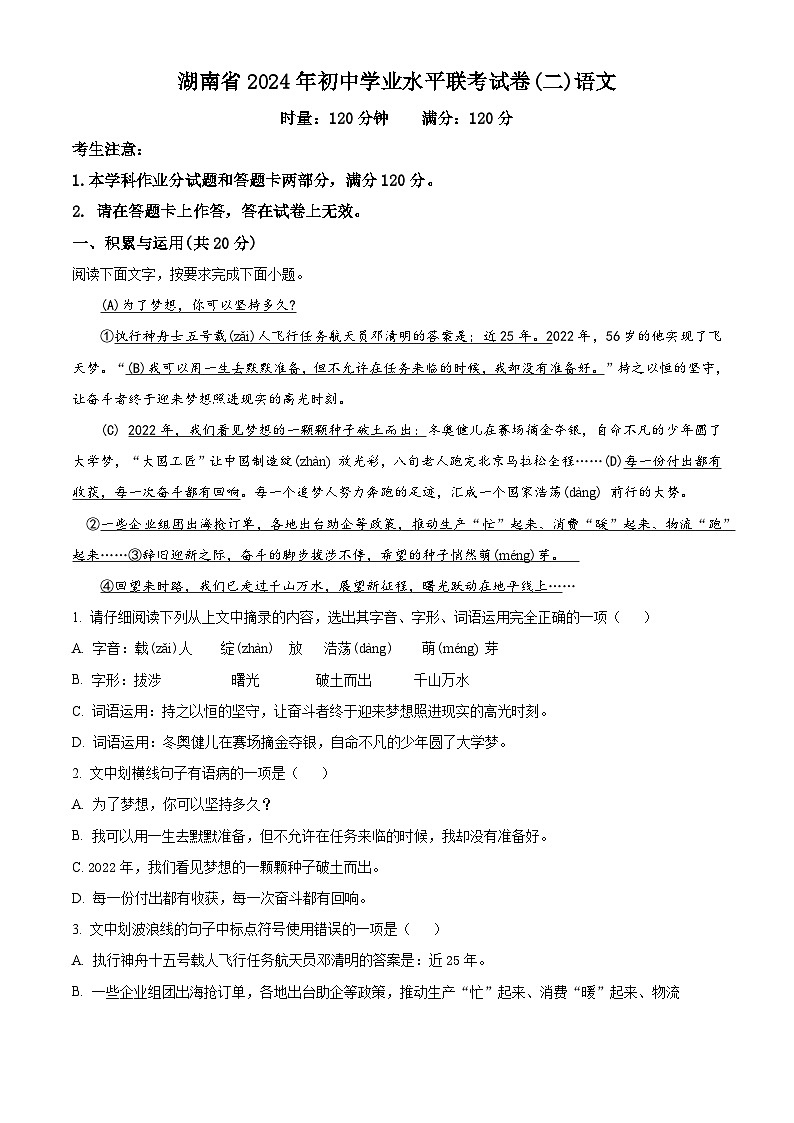 2024年湖南省衡阳市部分学校中考二模语文试题（原卷版+解析版）01