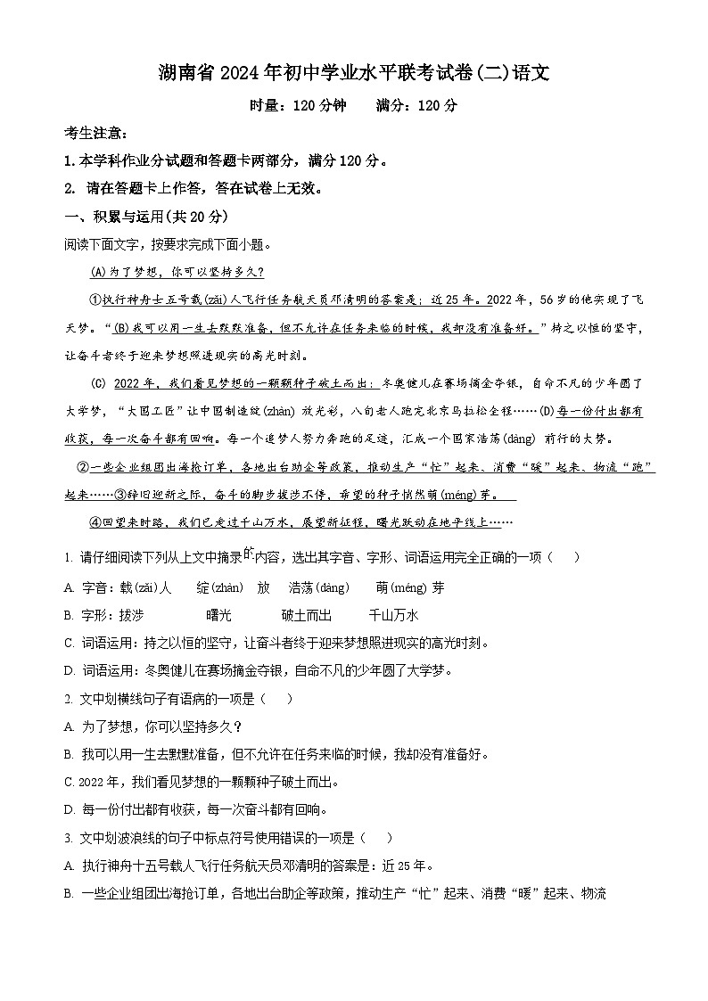2024年湖南省衡阳市部分学校中考二模语文试题（原卷版+解析版）01