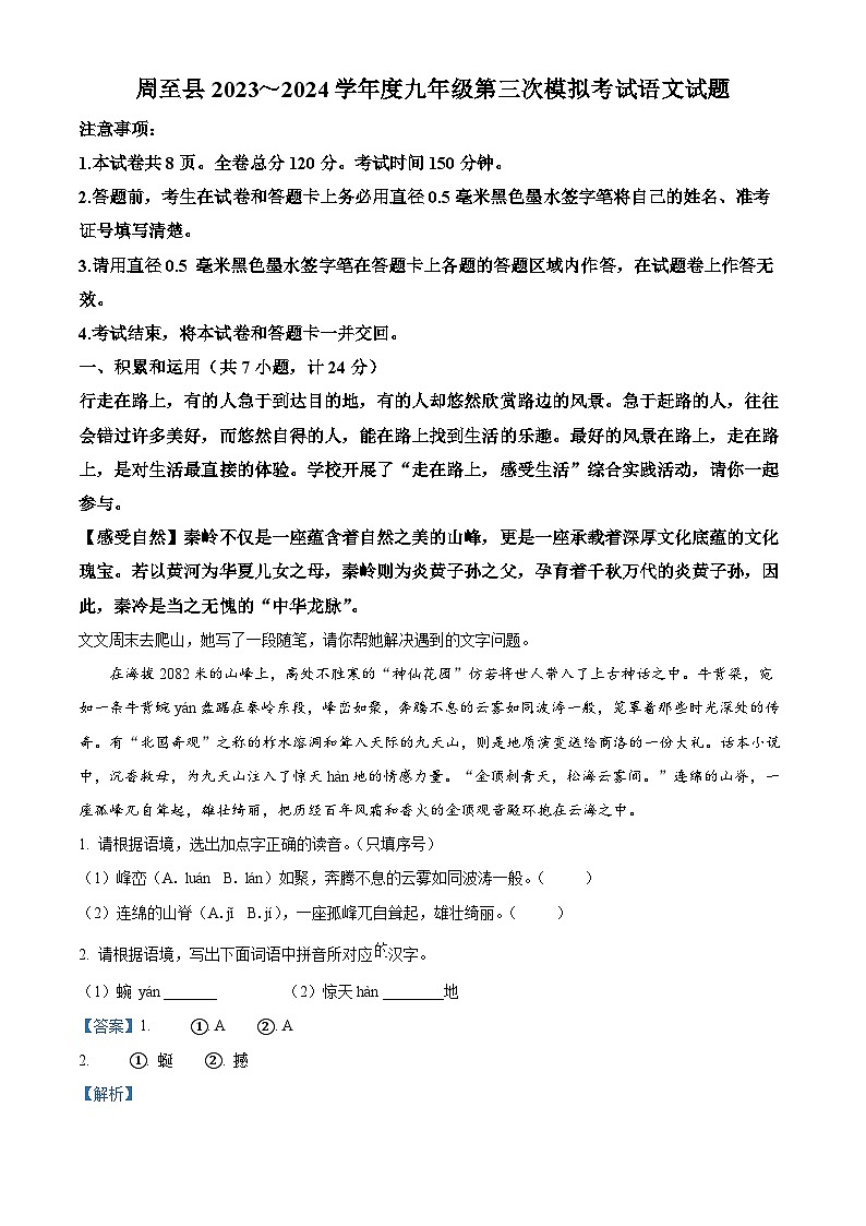 2024年陕西省西安市周至县中考三模语文试题（原卷版+解析版）01