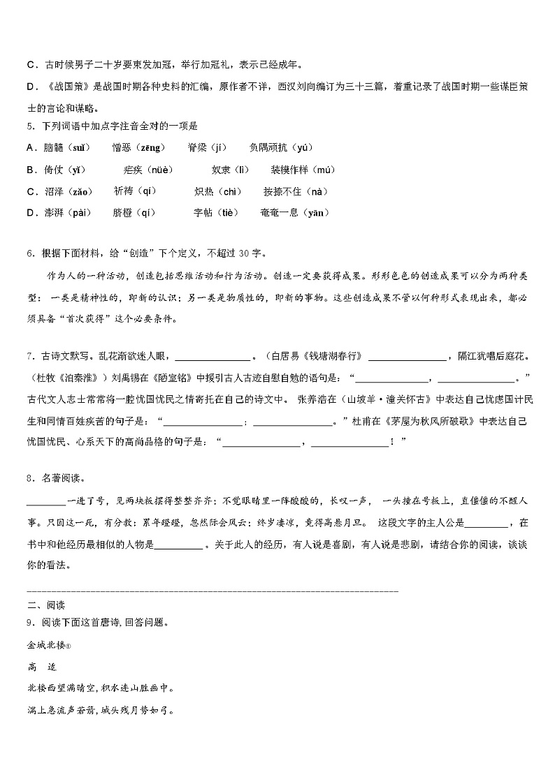 2024年云南省文山州富宁县中考语文模拟试卷（解析版）第2页