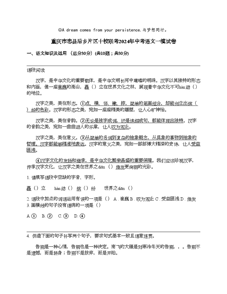 重庆市忠县后乡片区十校联考2024年中考语文一模试卷01