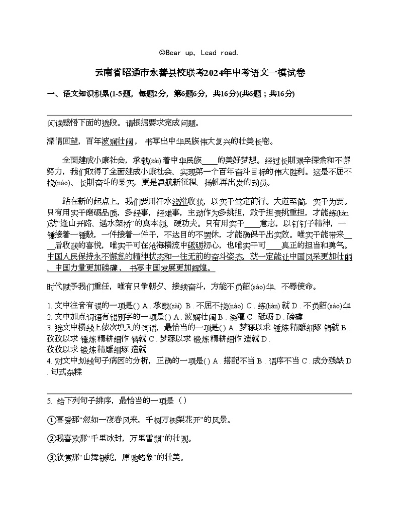 云南省昭通市永善县校联考2024年中考语文一模试卷第1页
