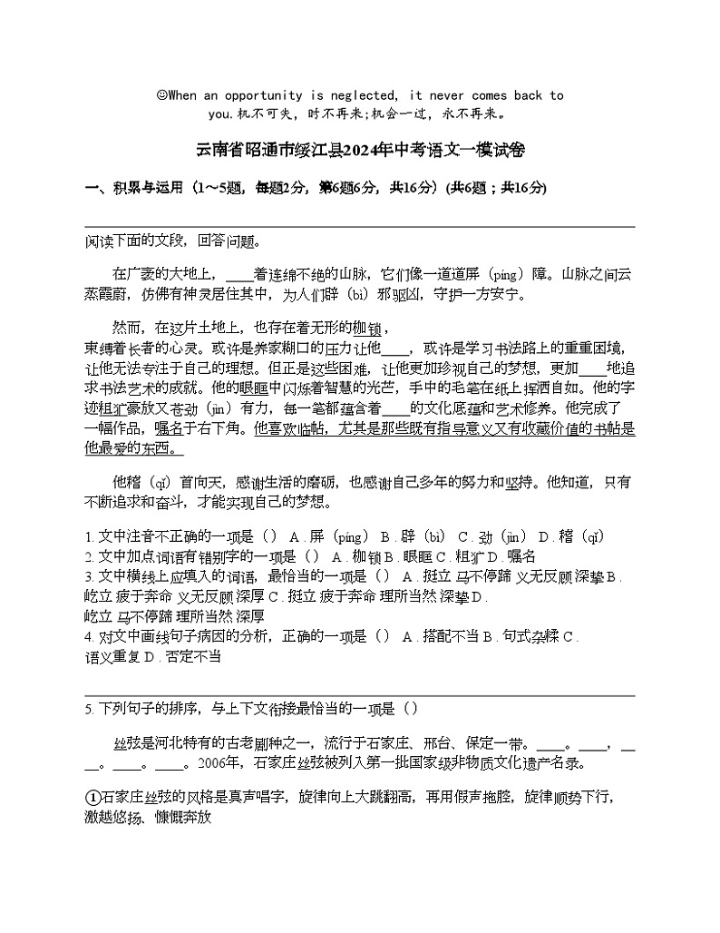云南省昭通市绥江县2024年中考语文一模试卷01