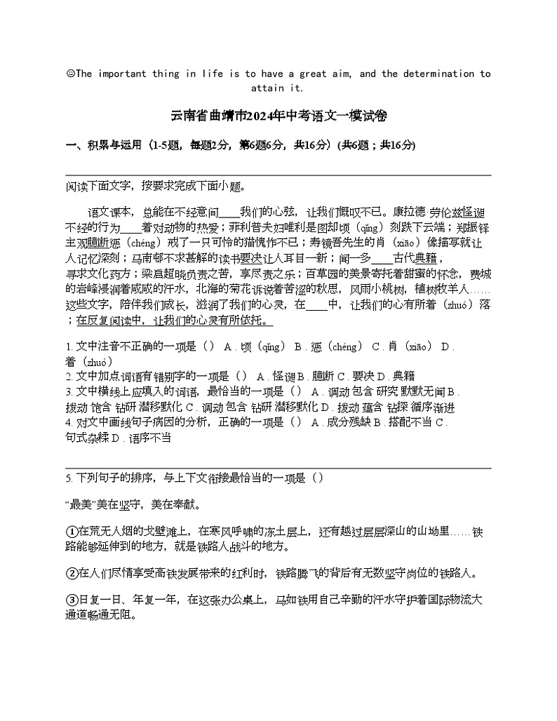 云南省曲靖市2024年中考语文一模试卷01