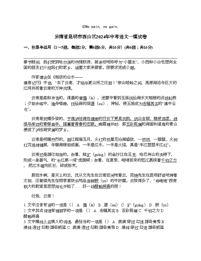 云南省昆明市西山区2024年中考语文一模试卷第1页