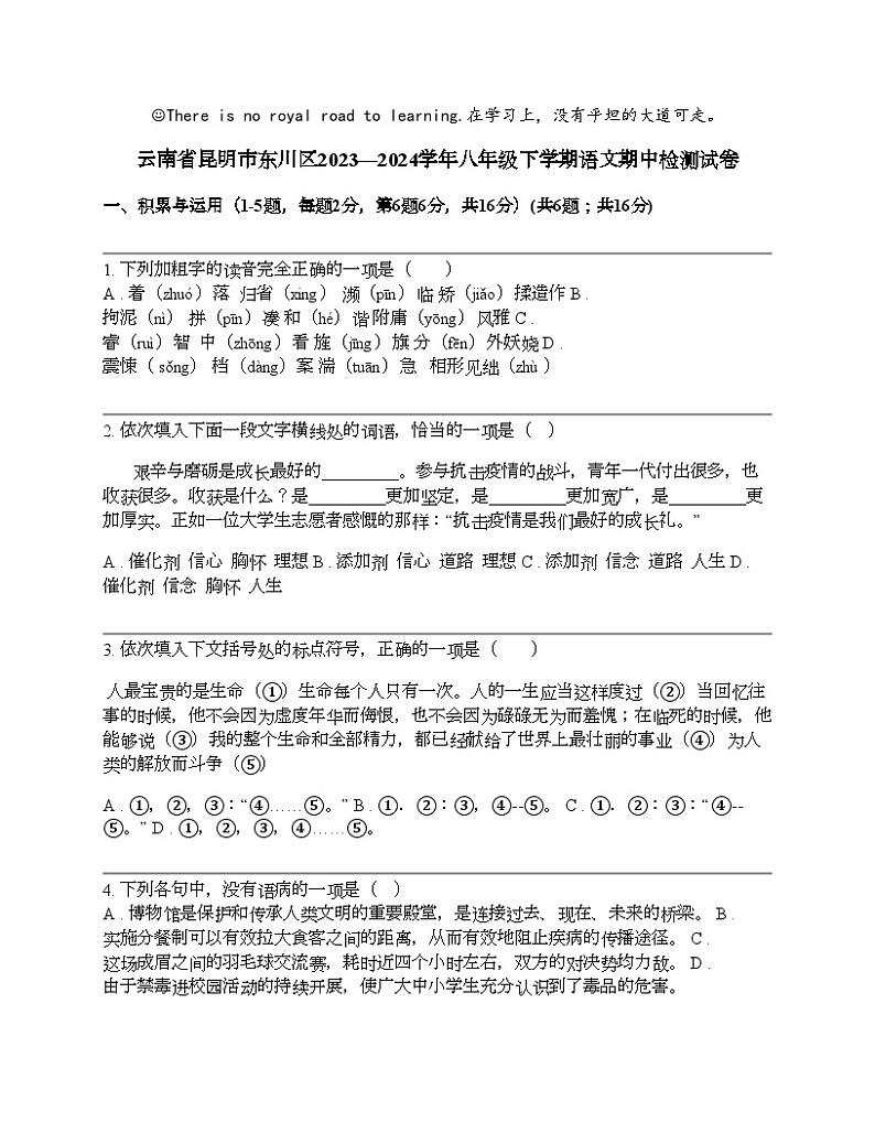 云南省昆明市东川区2023—2024学年八年级下学期语文期中检测试卷01
