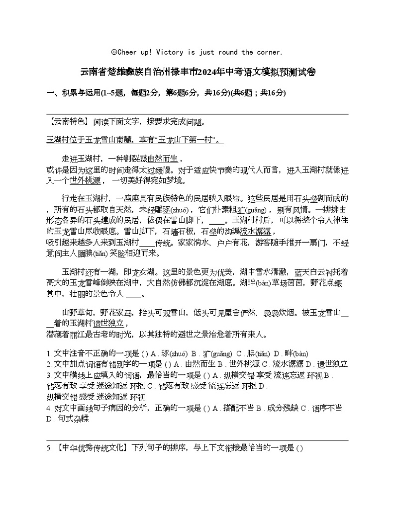 云南省楚雄彝族自治州禄丰市2024年中考语文模拟预测试卷第1页